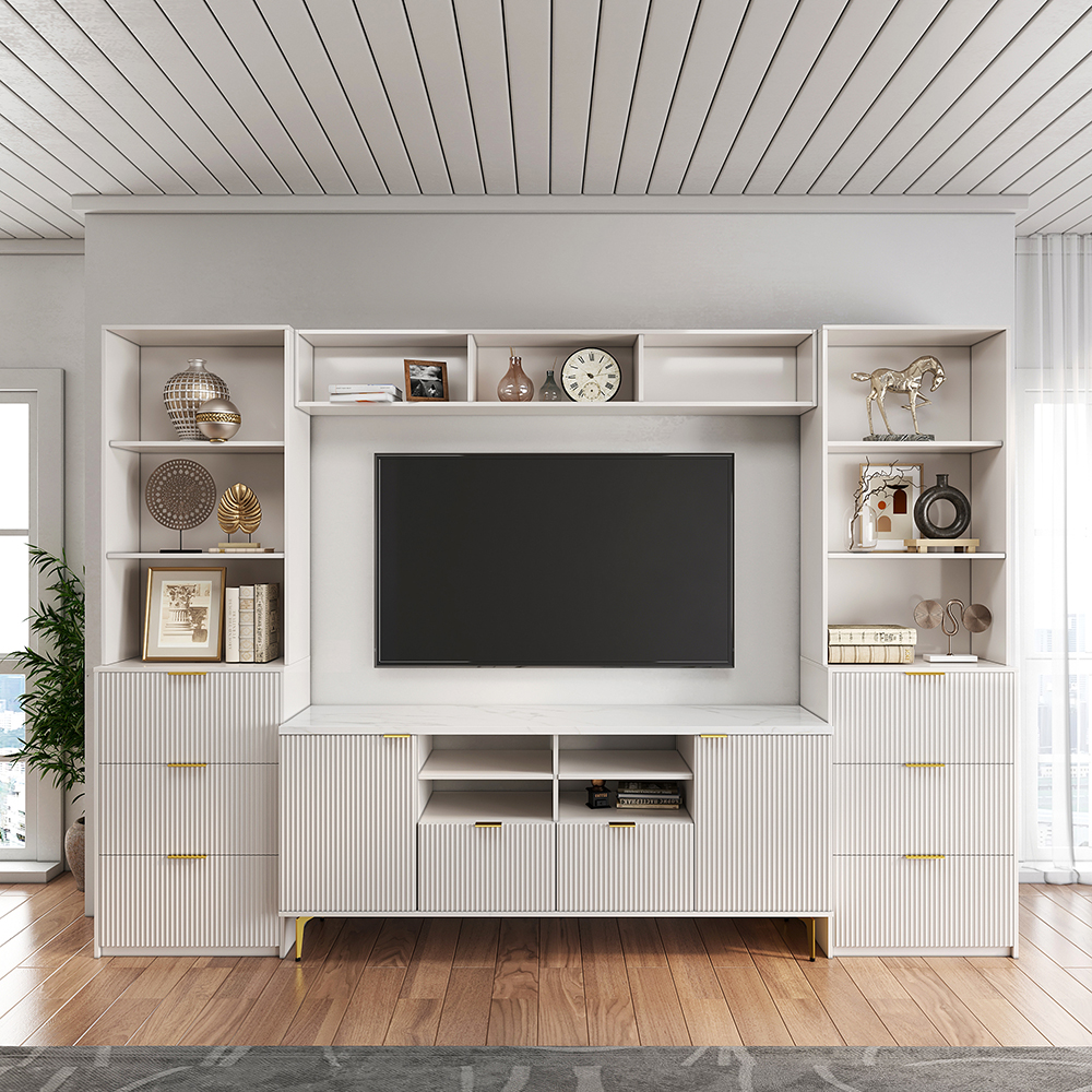 290 cm Fluted Wood Storage 4-Piece Entertainment Center with Bookshelf White TV Stand
