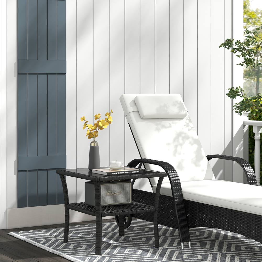 OUTSUNNY PE Rattan Coffee Table, Two-tier Side Table with Glass Top in Black