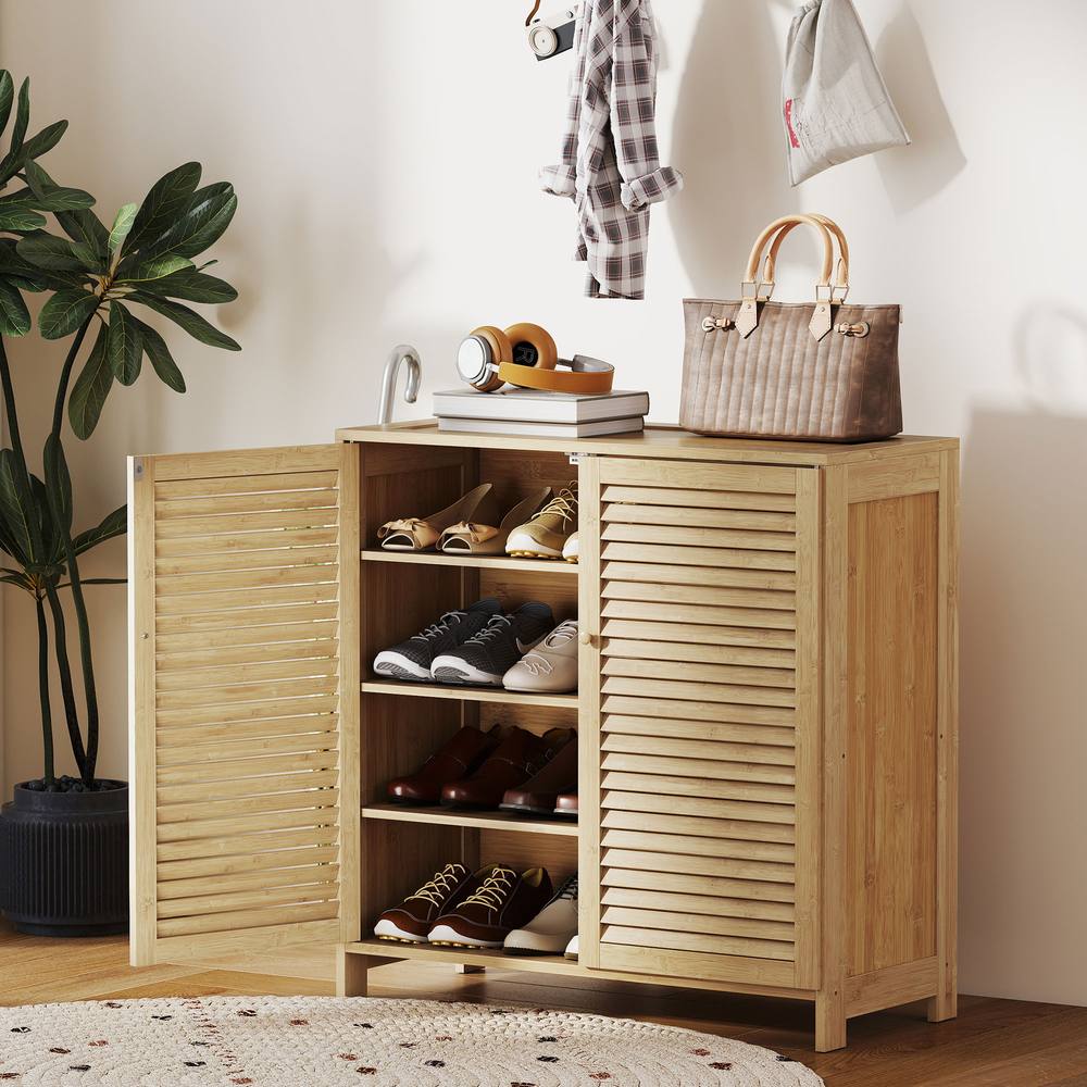 HOMCOM Bamboo Shoe Cabinet with Louvered Doors 14 Pairs Shoe Storage Cabinet in Natural