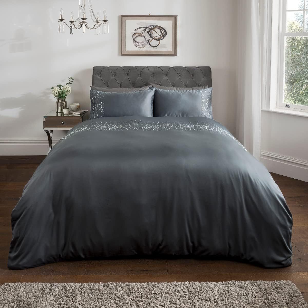 Smart Living Luxury Hotel Quality Diamonte Embellished Duvet Cover with Pillowcases in Charcoal