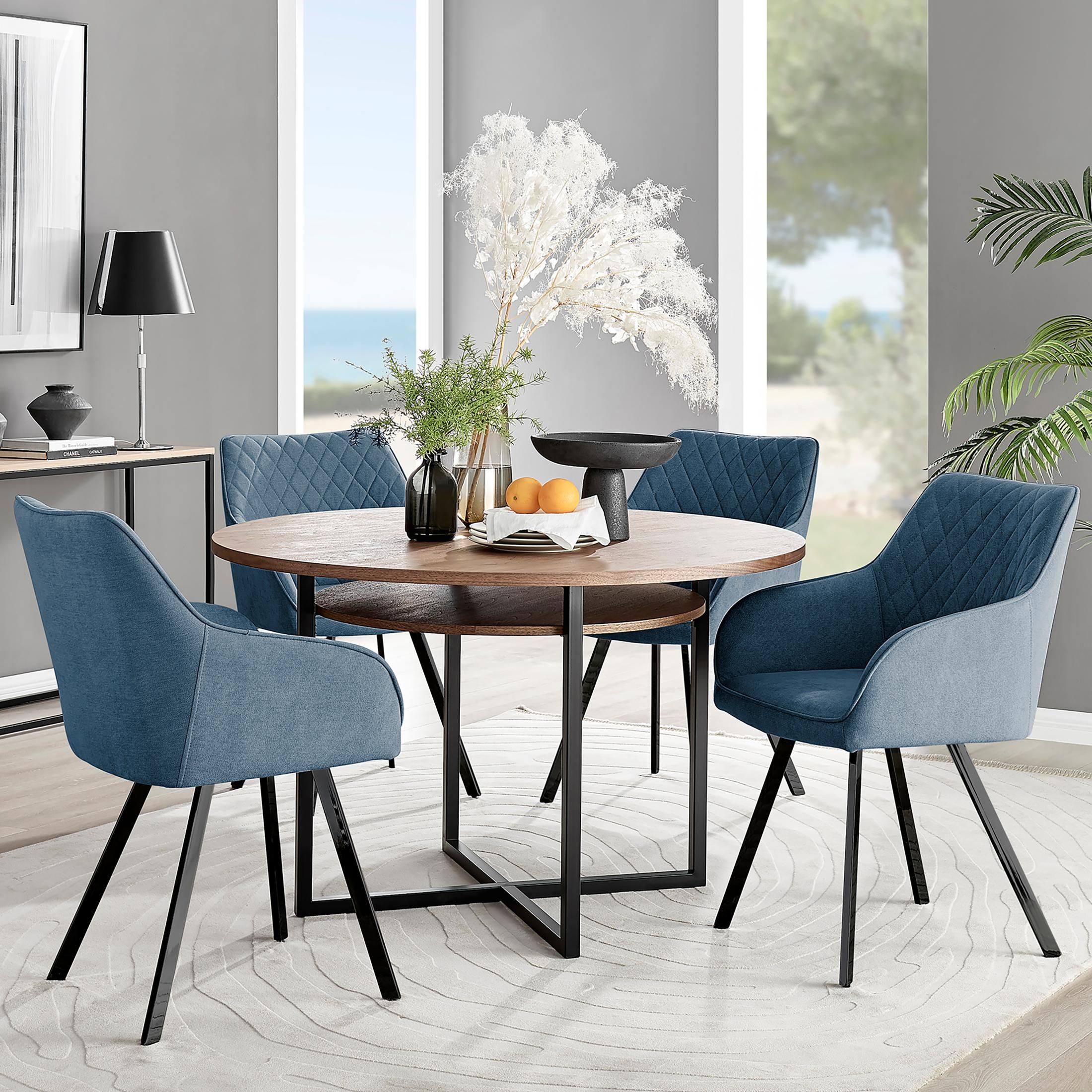 FurnitureboxUK Adley Brown Wood Storage Dining Table & 4 Falun Black Leg Chairs in Blue
