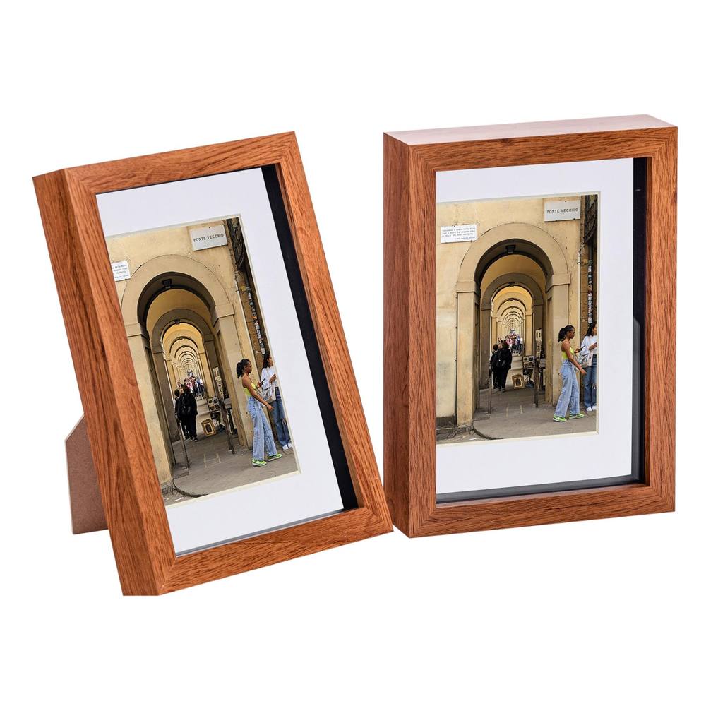 Nicola Spring 3D Box Photo Frames with 4" x 6" Mounts - A5 (6" x 8") - White Mount - Pack of 2 in Dark Brown
