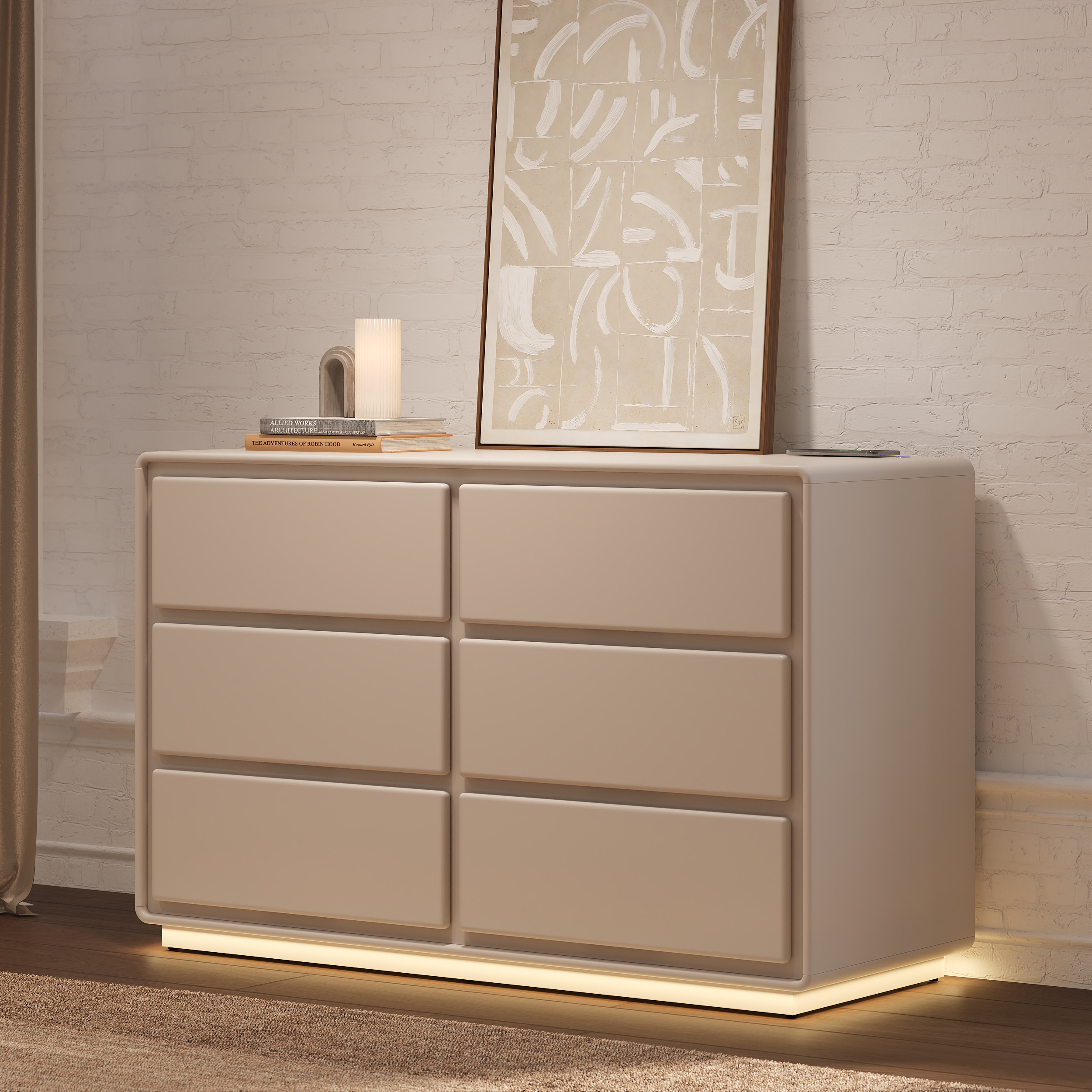 Modern 47" 6-Drawer Chest of Drawers with Light and Charging Station