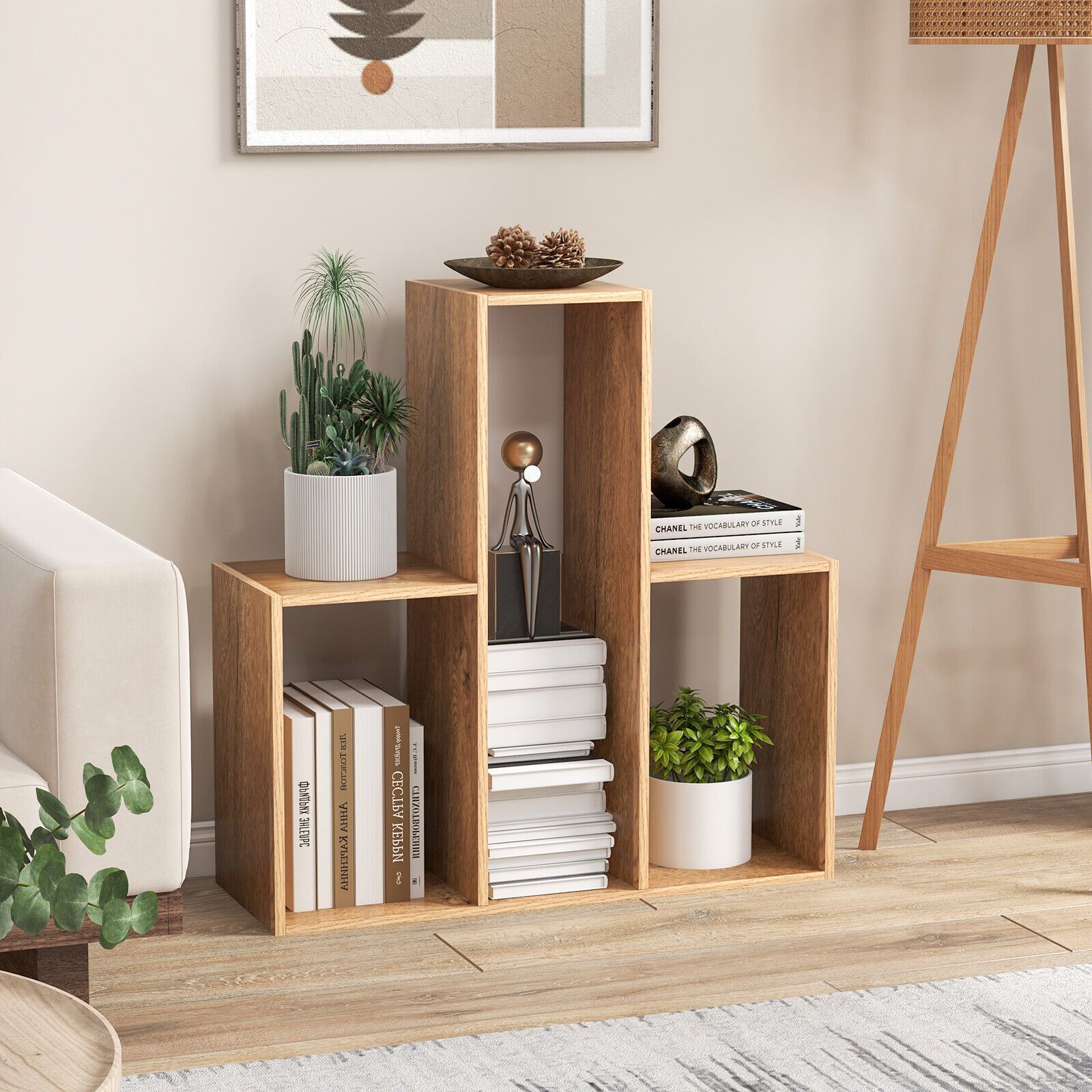 Costway Convex Bookshelf 3-Shelf Bookcase Modern Display Storage Shelf in Natural