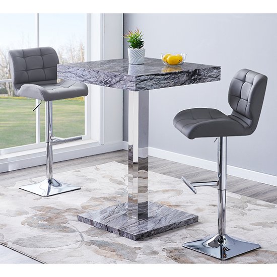 Topaz Gloss Bar Table In Melange Marble Effect With 2 Candid Grey Bar Stools