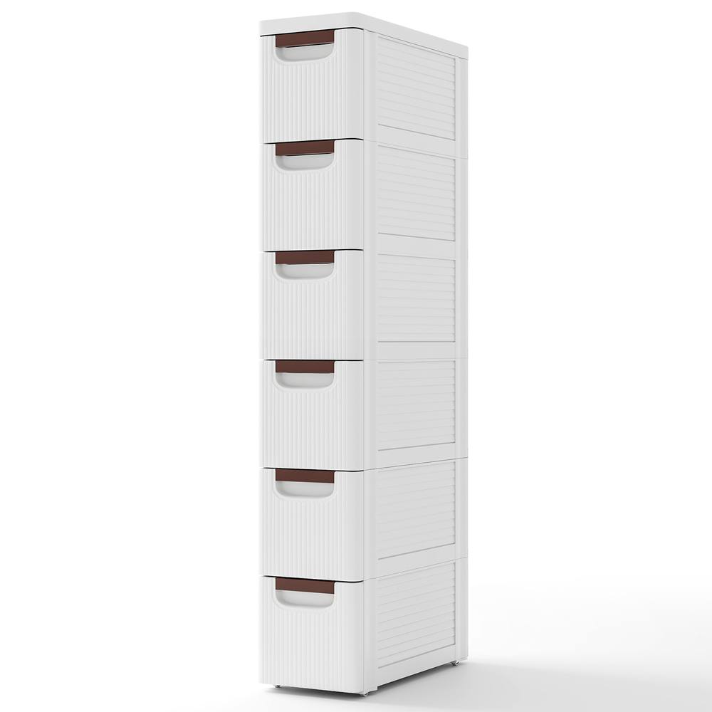 Costway 6 Drawer Tall Storage Cabinet w/4 Wheels Narrow Floor Cabinet Cupboard in White