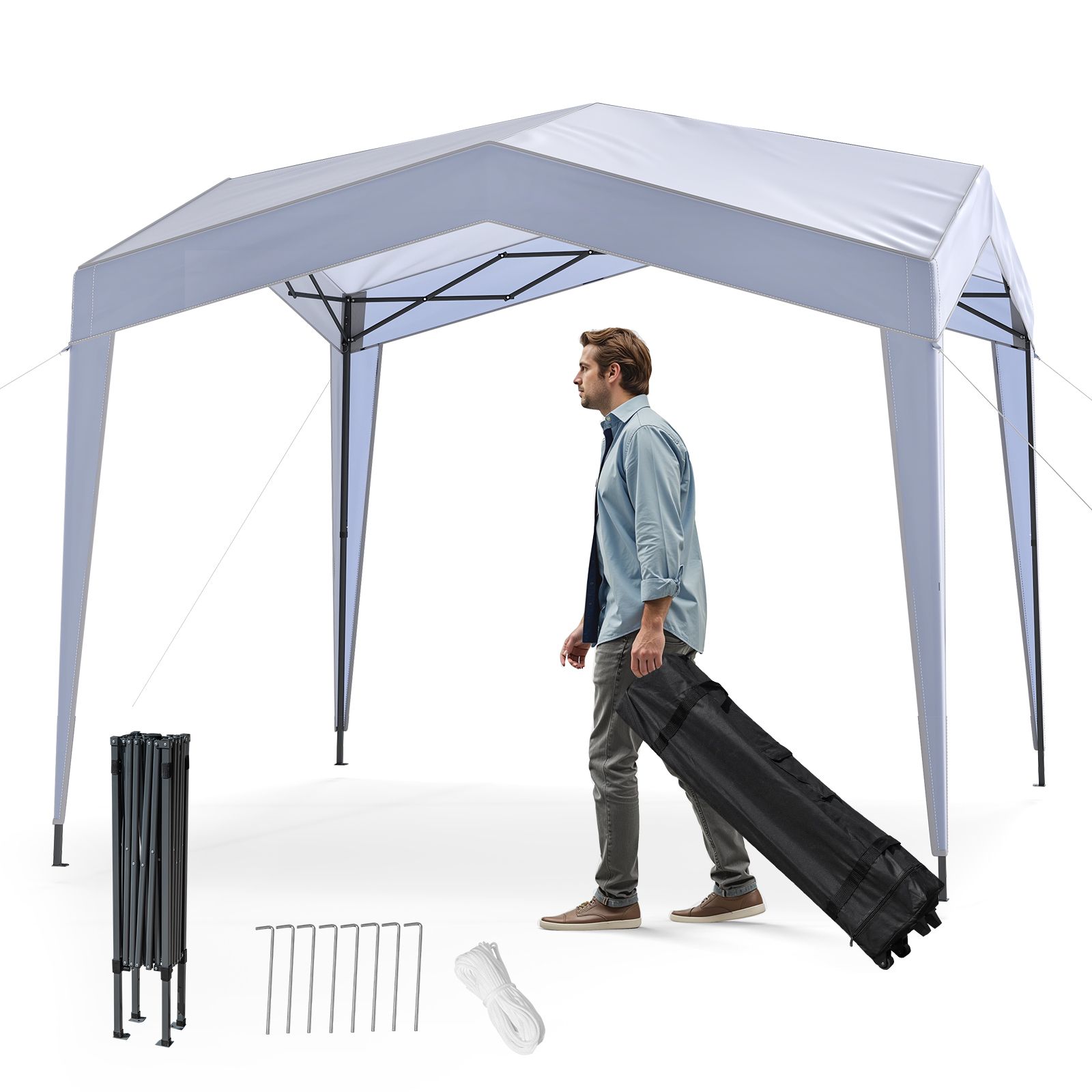 Costway 302 x 302 cm Pop up Canopy Tent with Portable Wheeled Bag & 8 Stakes in White