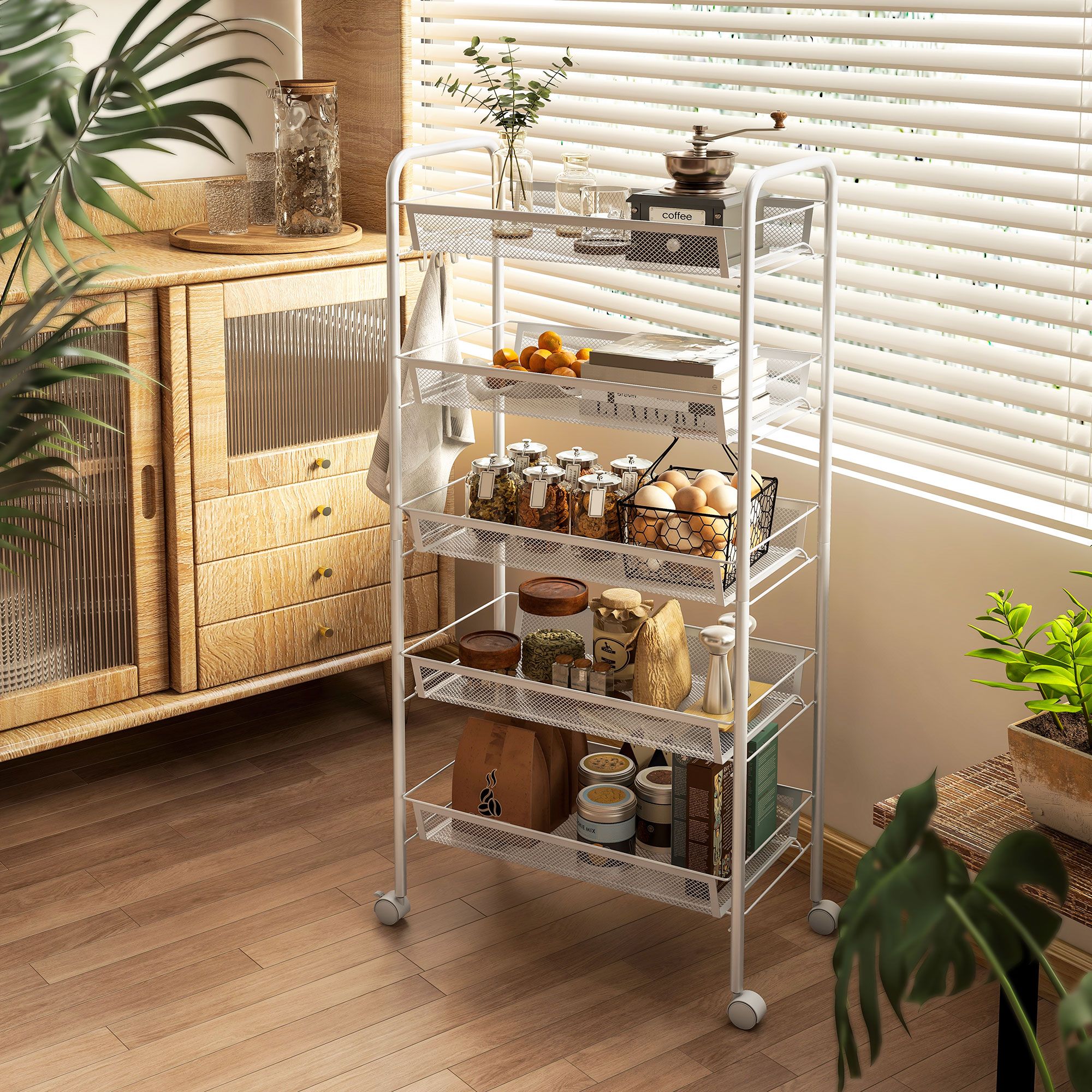 HOMCOM 5 Tier Utility Rolling Cart with Removable Mesh Baskets, White