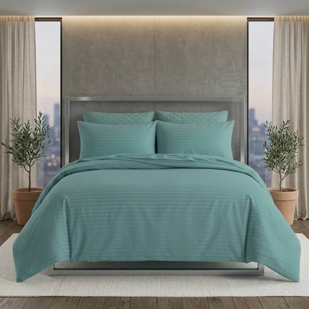 Snug City Luxury Satin Stripe Duvet Cover Set T250 Cotton Rich Soft Bed Linen in Aqua