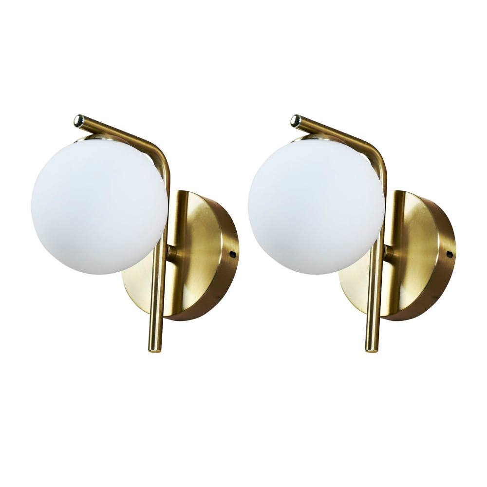 First Choice Lighting Set of 2 Grosvenor - Satin Brass Wall Lights with Glass Globes in Gold