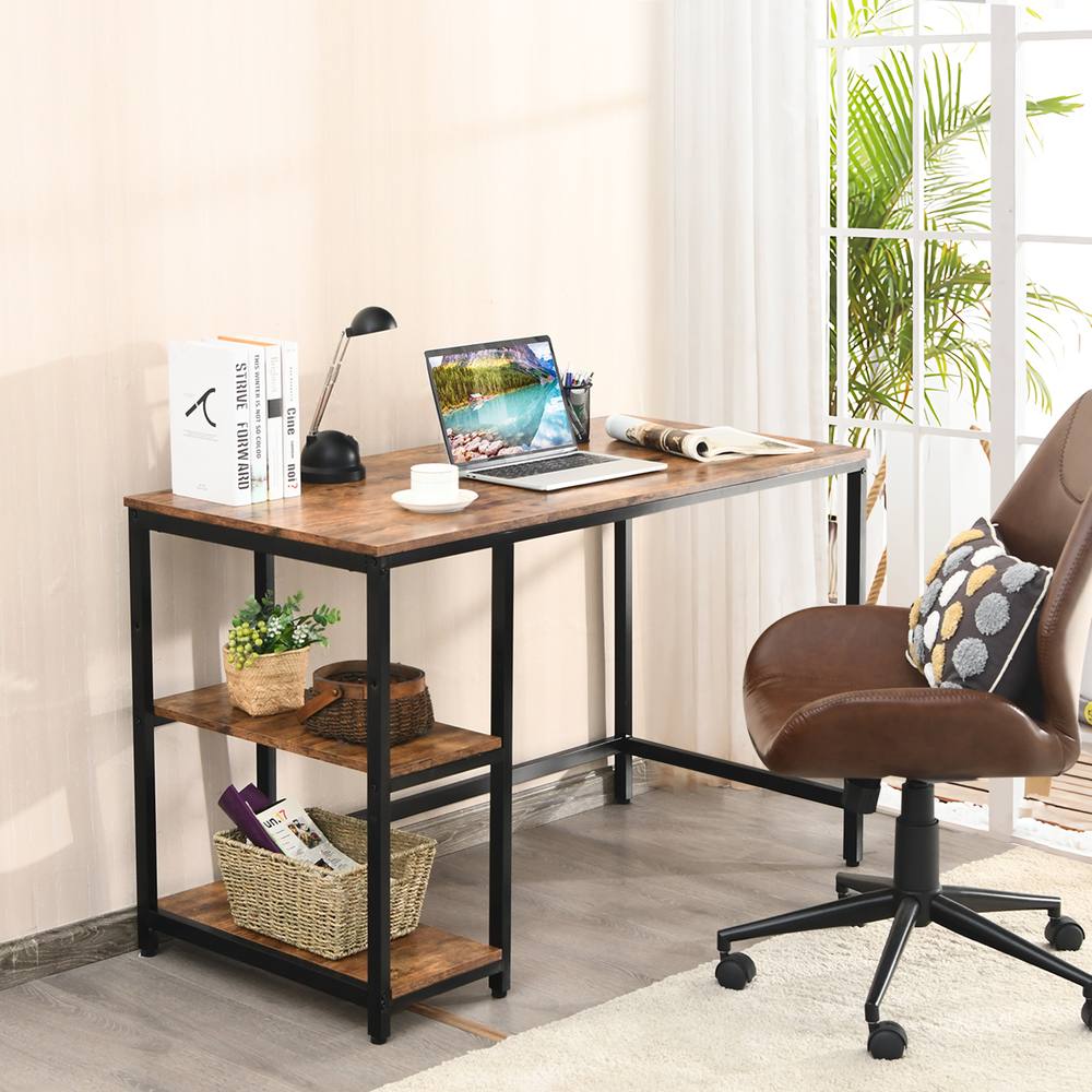 Costway 120x60cm Computer Desk Industrial Writing Table w/Storage Shelves in Brown