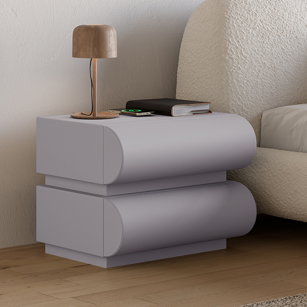 Modern Light Grey Leather Smart Bedside Table with Wireless Charger 2 Drawers Bedside Table with USB & Type-C Ports