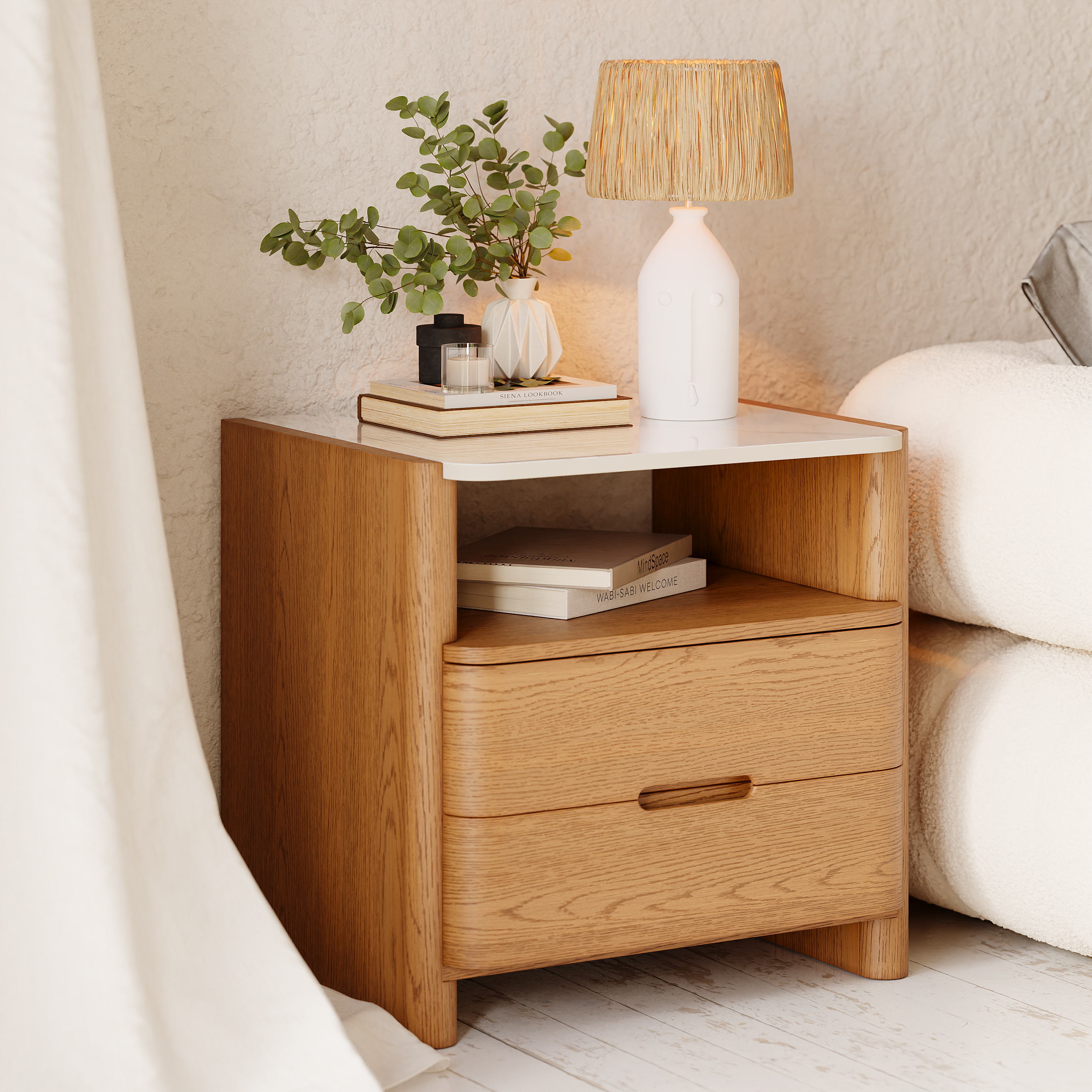 Modern Sintered Stone Top Bedside Table with Drawers & Shelf