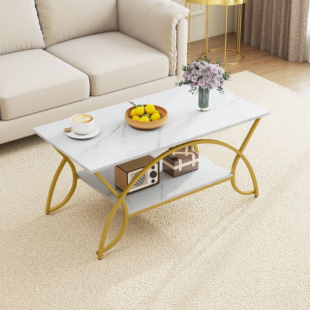 Costway 2-Tier Faux Marble Coffee Table Modern Cocktail Center Table w/ Shelf in White