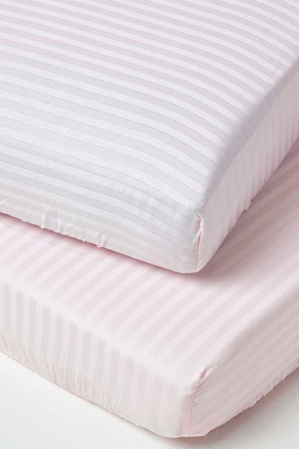Homescapes Cotton Stripe Fitted Cot Sheets 330 Thread Count, 2 Pack in Pink