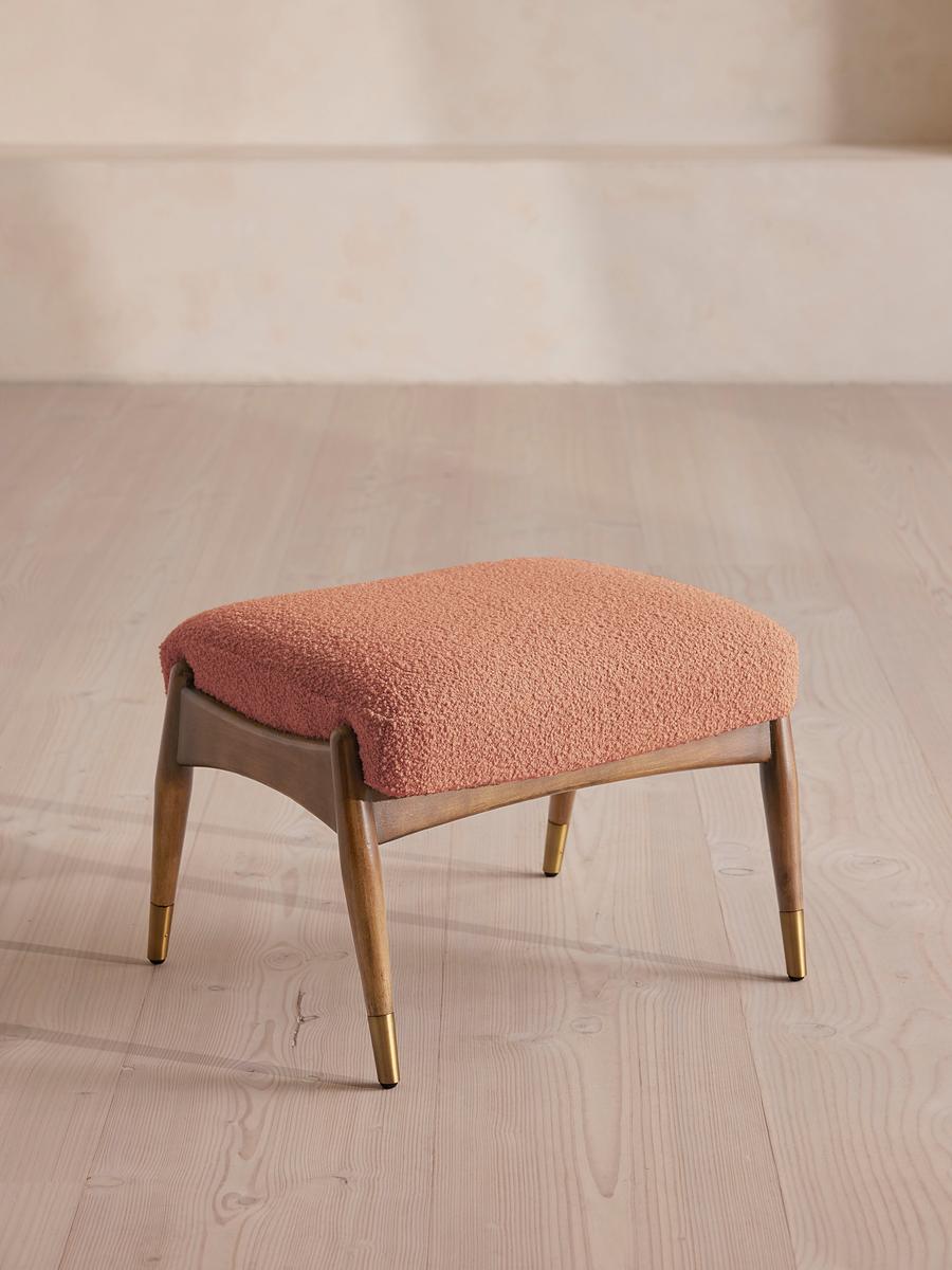 Theodore Oak Footstool, Textured Wool Boucle, Coral