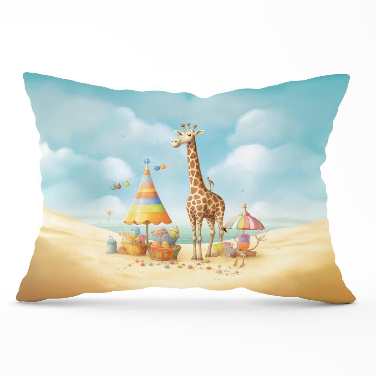Warren Reed - Designer Giraffe On A Beach Holiday Cushions in Yellow