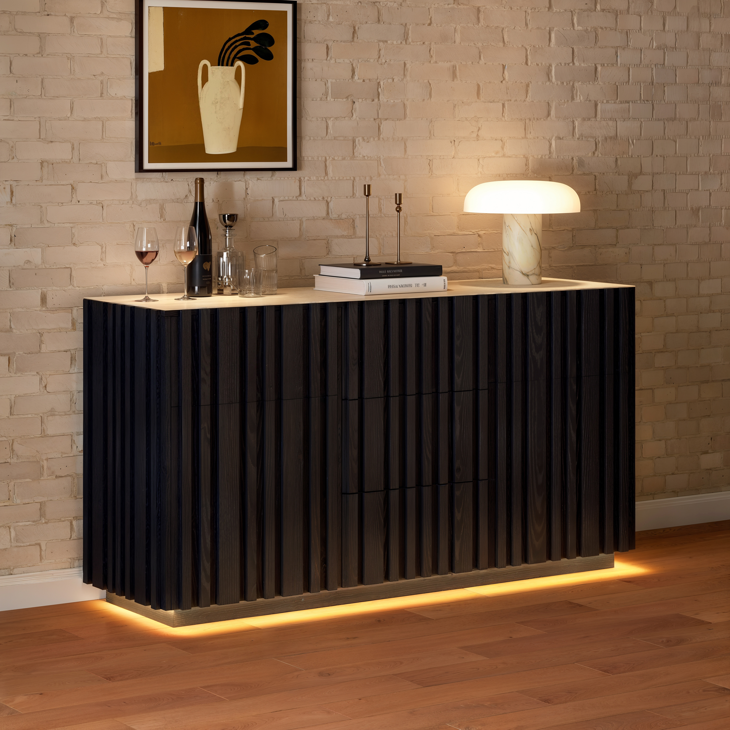 Aura 152 cm Faux Travertine Top Buffet Sideboard with Ash Wood Slatted Panels & Light