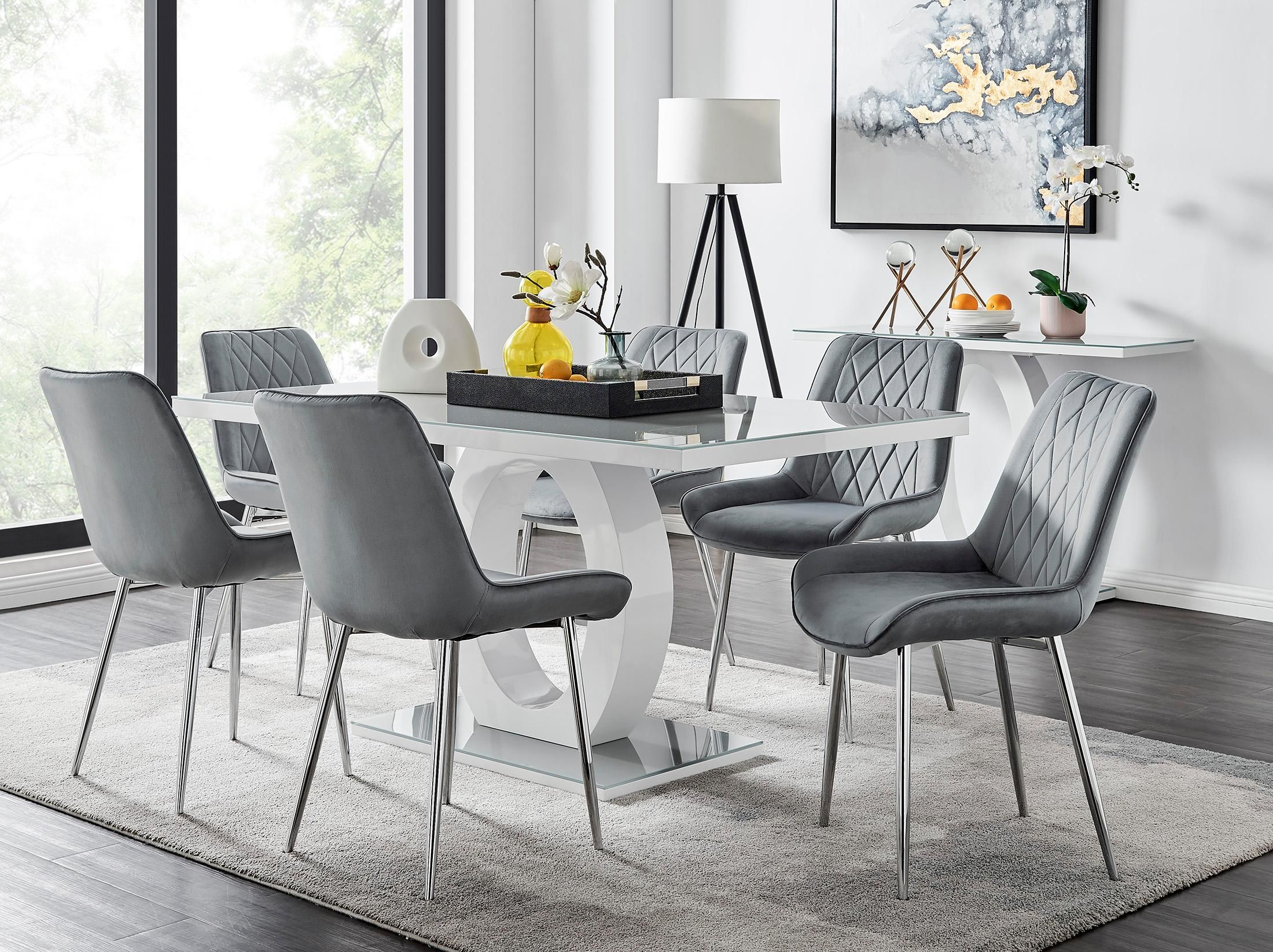 FurnitureboxUK Giovani 6-Seater Grey Glass Dining Table & 6 Pesaro Soft Velvet Dining Chairs
