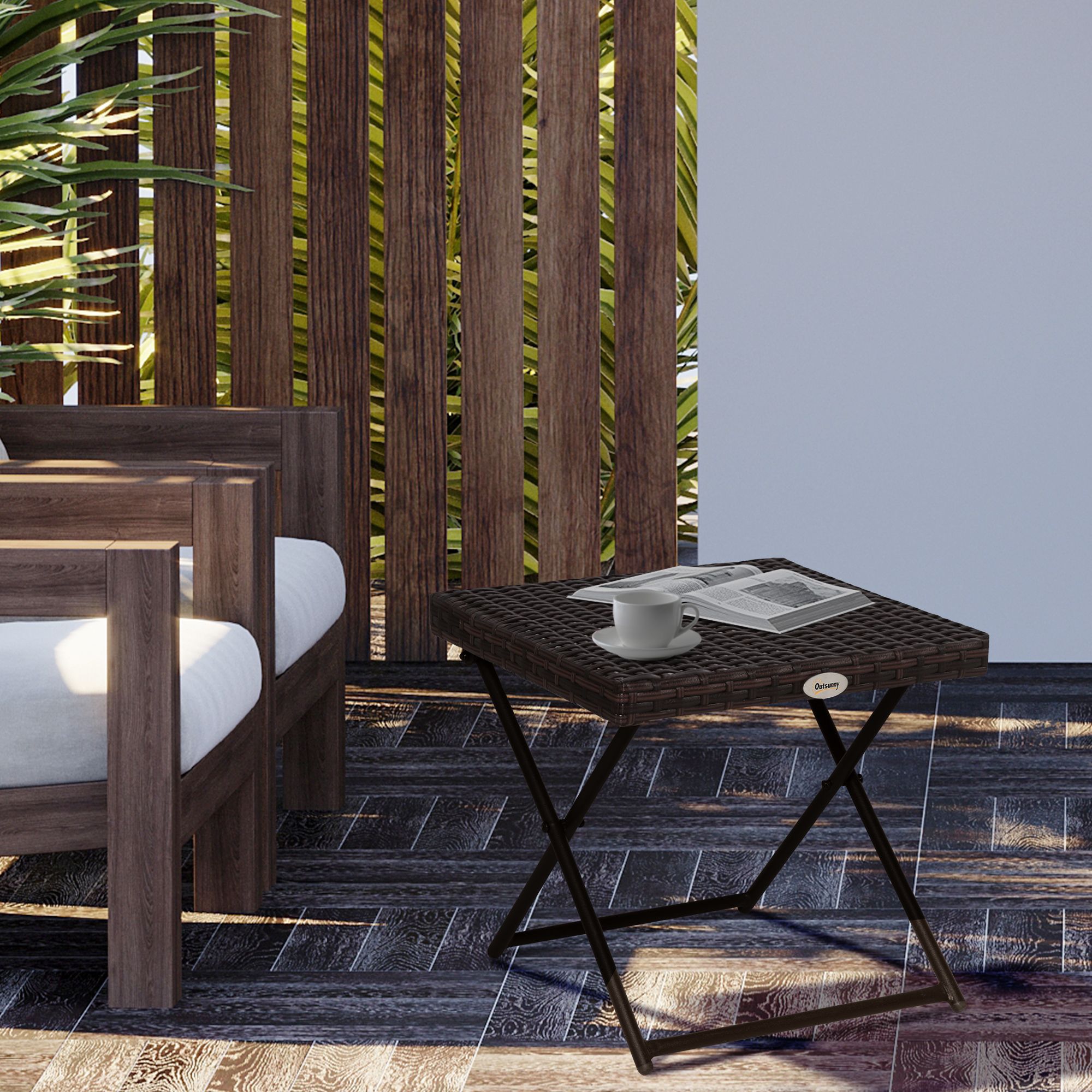 OUTSUNNY Folding Square Rattan Coffee Table w/ Steel Frame Bistro Garden in Brown