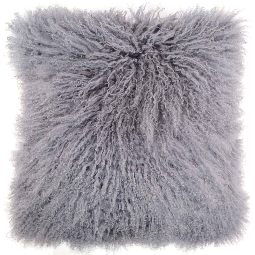 SNUGRUGS Mongolian Long Curly Wool Sheepskin Cushion with Inner - 40cm x 40cm in Grey