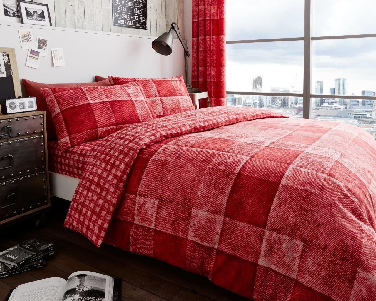 Smart Living Printed Polycotton Denim Check Duvet Cover With Pillowcases in Red