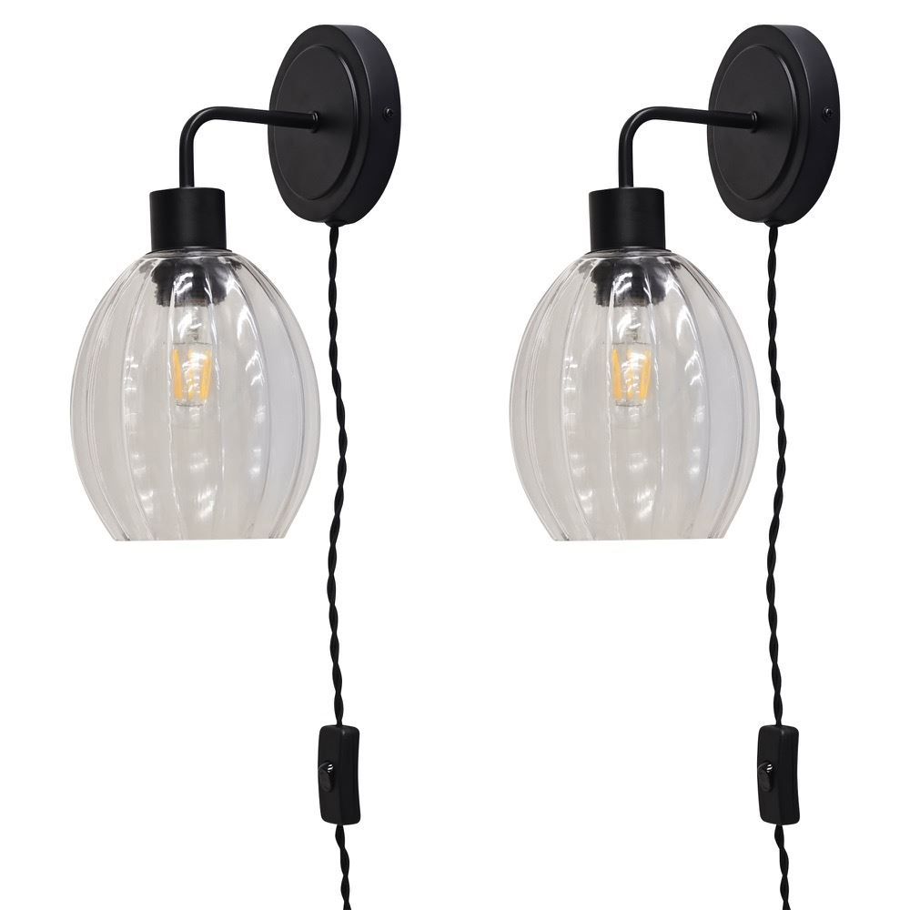 First Choice Lighting Set of 2 Toby - Black Plug in Wall Lights Fluted Glass Shades