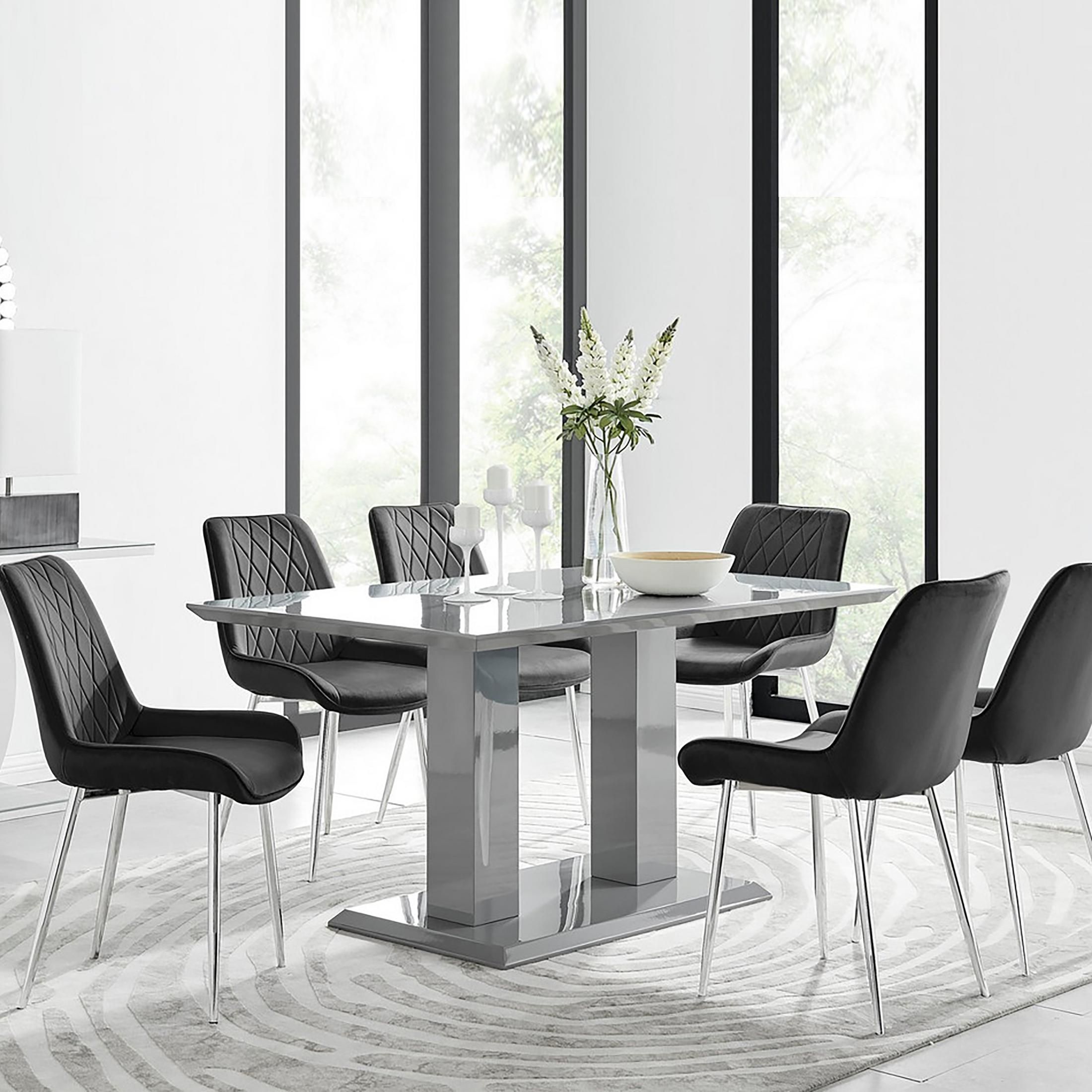 FurnitureboxUK Imperia 6 Grey Dining Table & 6 Pesaro Silver Leg Chairs in Black