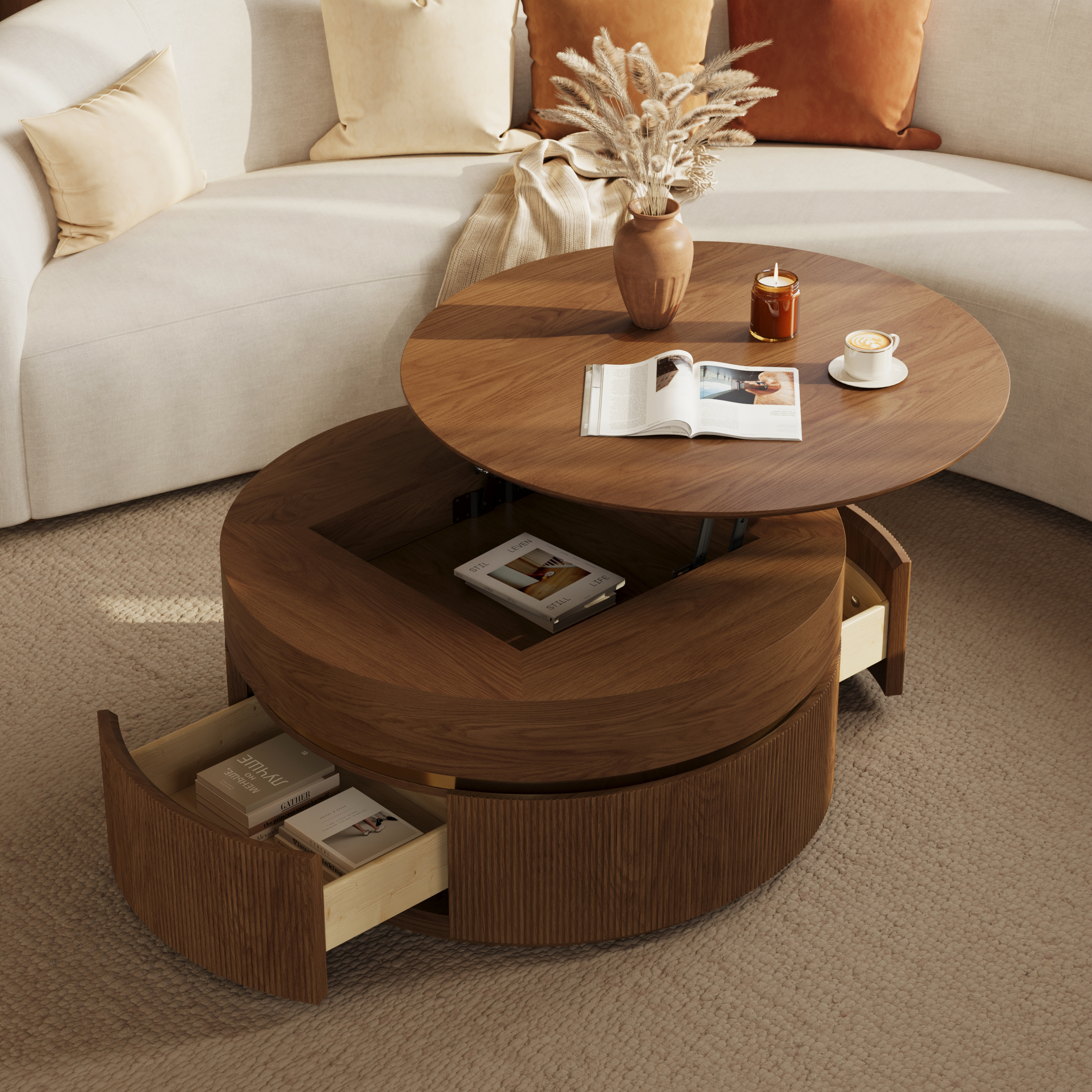 80 cm Fluted Lift-Top Round Walnut Coffee Table with 2 Drawers