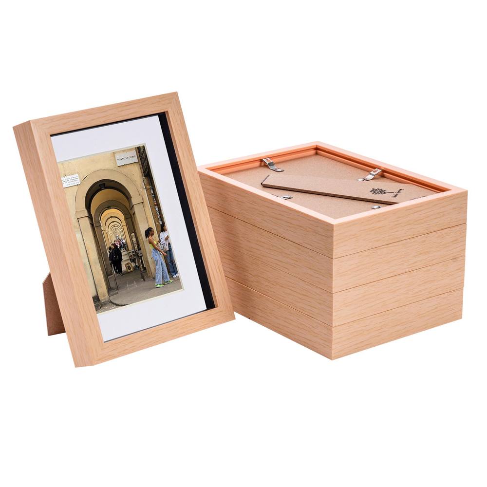 Nicola Spring 3D Box Photo Frames with 4" x 6" Mounts - A5 (6" x 8") - White Mount - Pack of 5 in Light Brown