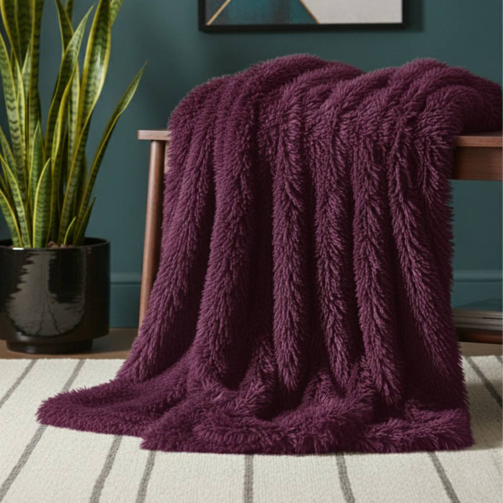 Snug City Cuddly Extra Fluffy Throw Ultra Soft Plush Blanket Sofa Bed Home Decor in Plum