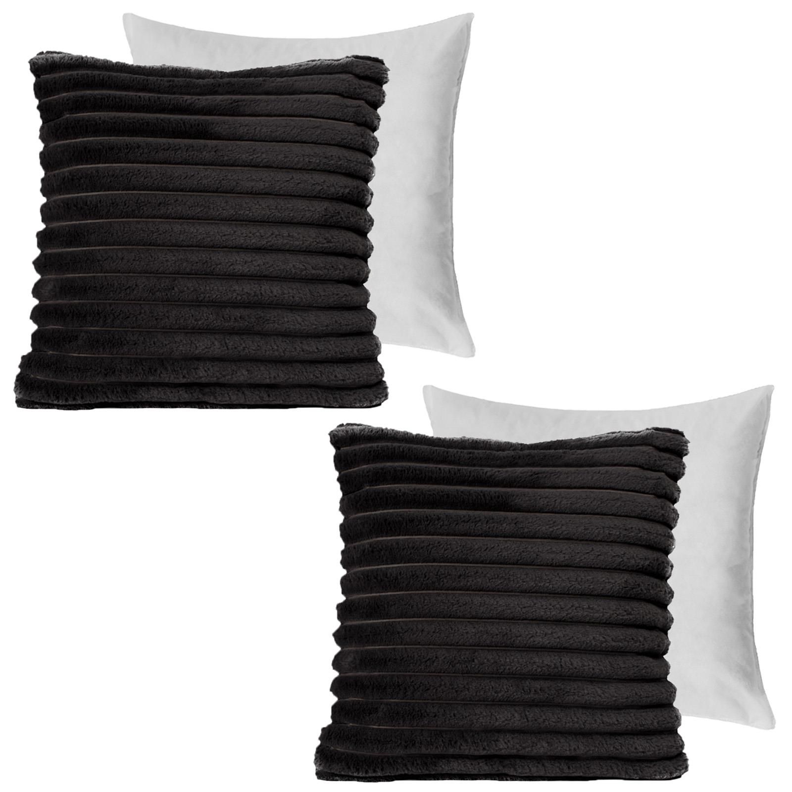 OHS 2 x Faux Fur Thick Rib Filled Cushion Covers in Black