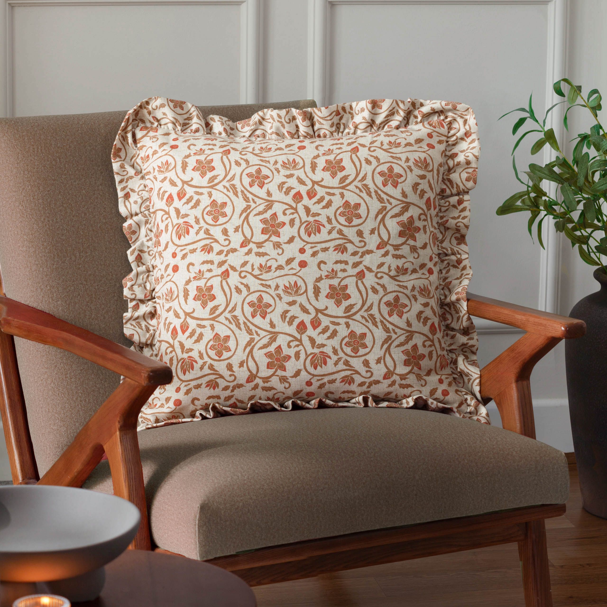 Paoletti Linen Filigree Printed Ruffle Cushion in Yellow