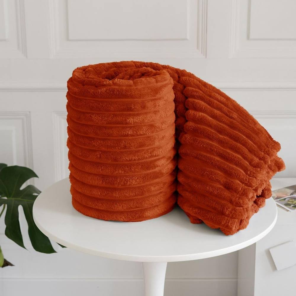 Homes-Linen Chunky Ribbed Cord Faux Fur Velvet Touch Throw Blanket 200x240cm in Orange