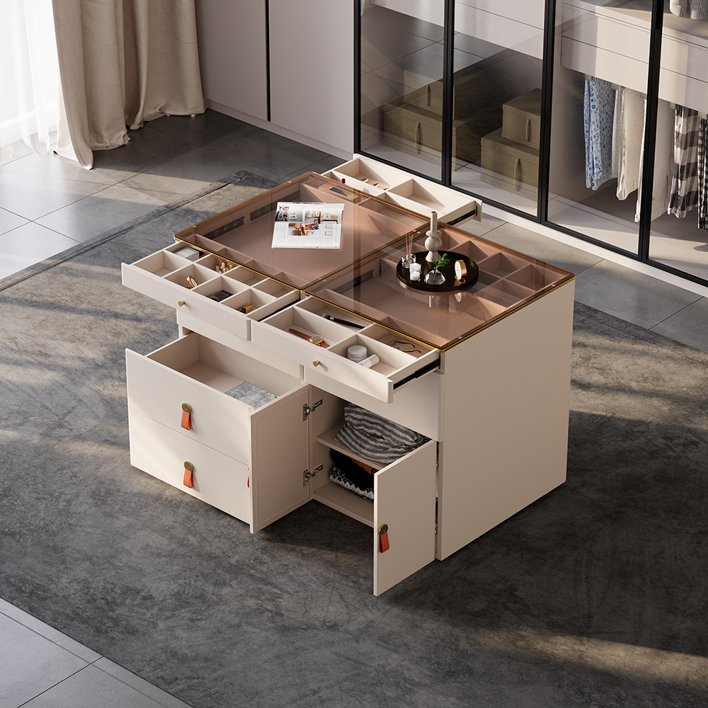 1200 mm W Champagne Walk-in Wardrobe Island 12 Drawers Dresser & Chest with Jewellery Storage