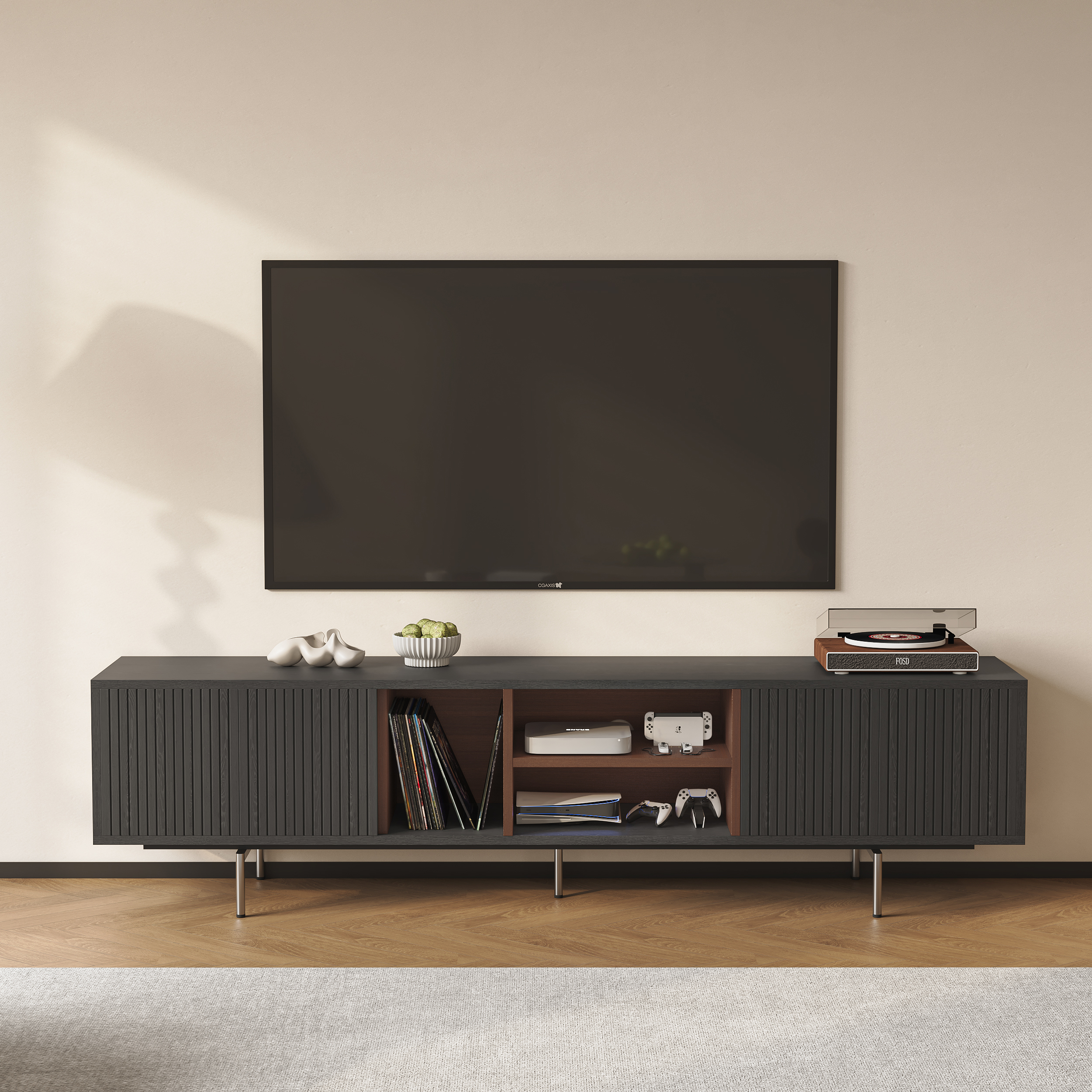 TV Stand in Wood with Open Shelf and Ample Storage, Modern Black 2000 mm TV Unit
