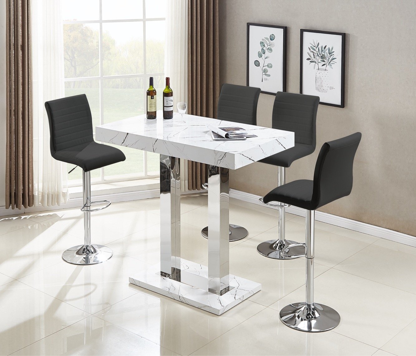 Vida Bar Table In Glossy Marble Effect 4 Ripple Black Bar Stool