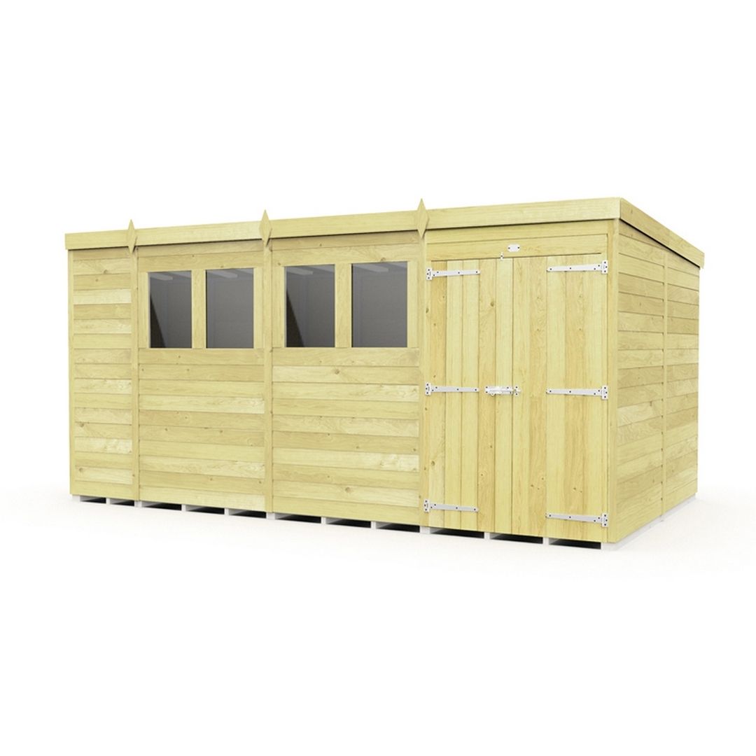Buttercup Farm 14 x 8 Feet Pent Shed - Double Door W/ Windows - L231 x W417 x H201 cm in Brown