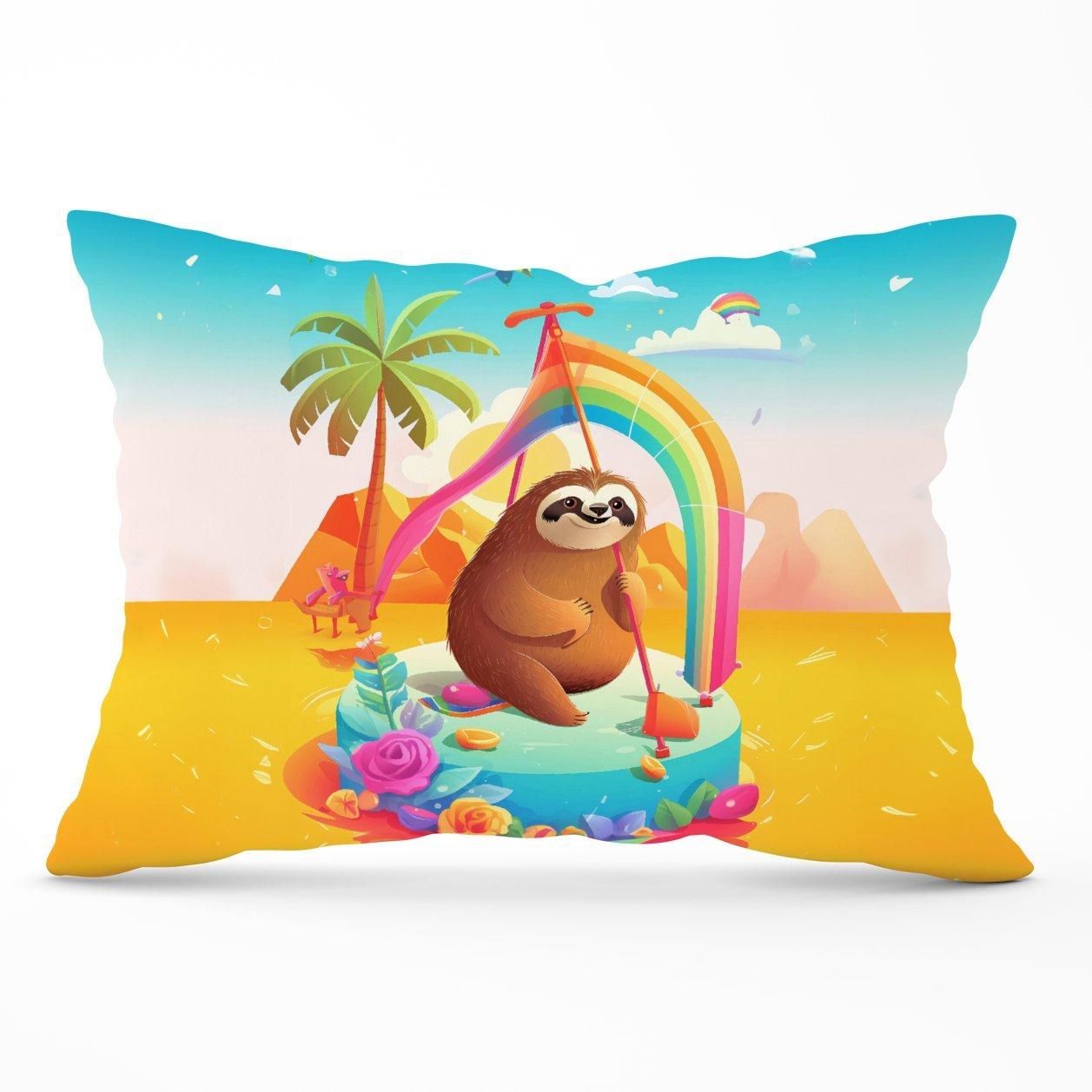 Warren Reed - Designer Sloth On A Beach Holiday Cushions in Yellow