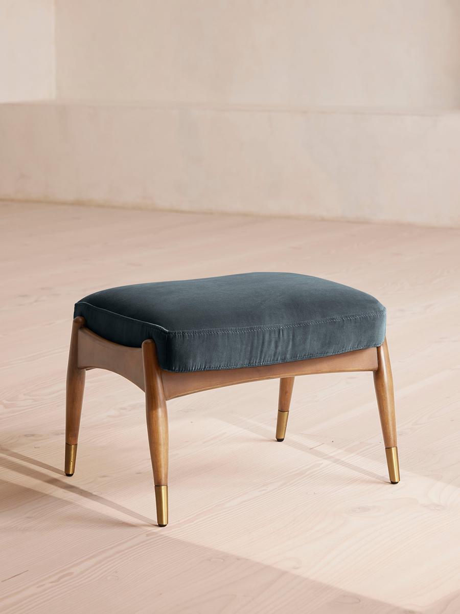 Theodore Oak Footstool, Velvet, Grey Blue