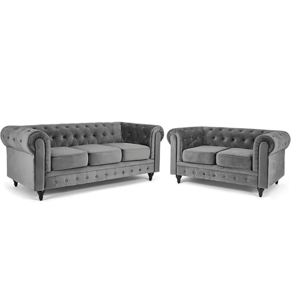 Bliss Furniture Velvet Chesterfield 3+2 Seater Sofa in Grey