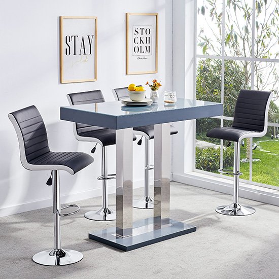 Caprice Glass Bar Table In Grey Gloss With 4 Black Ritz Stools