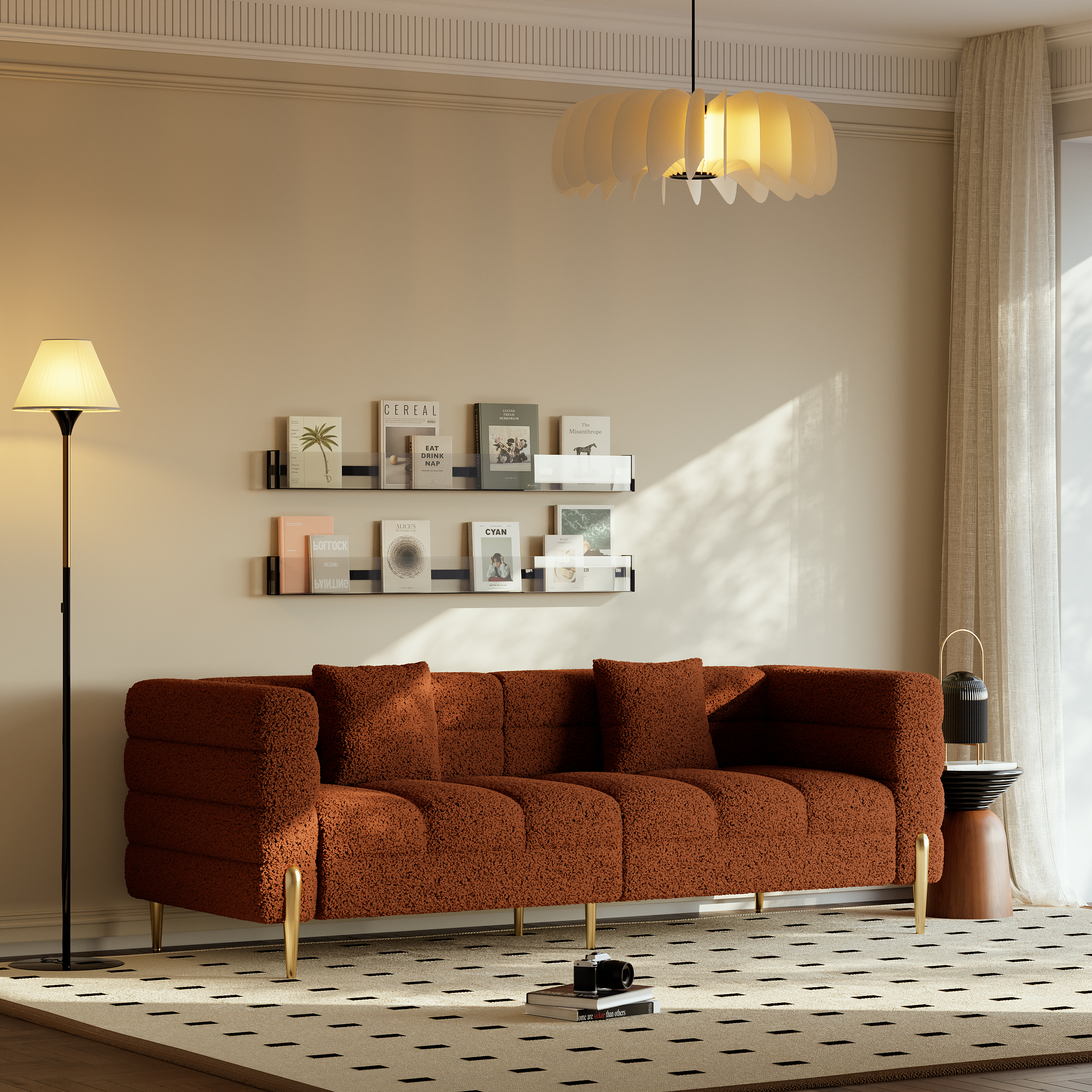 Homary 200 cm Modern Rust Boucle Upholstered Fluted 3-Seater Sofa for Living Room with Pillow