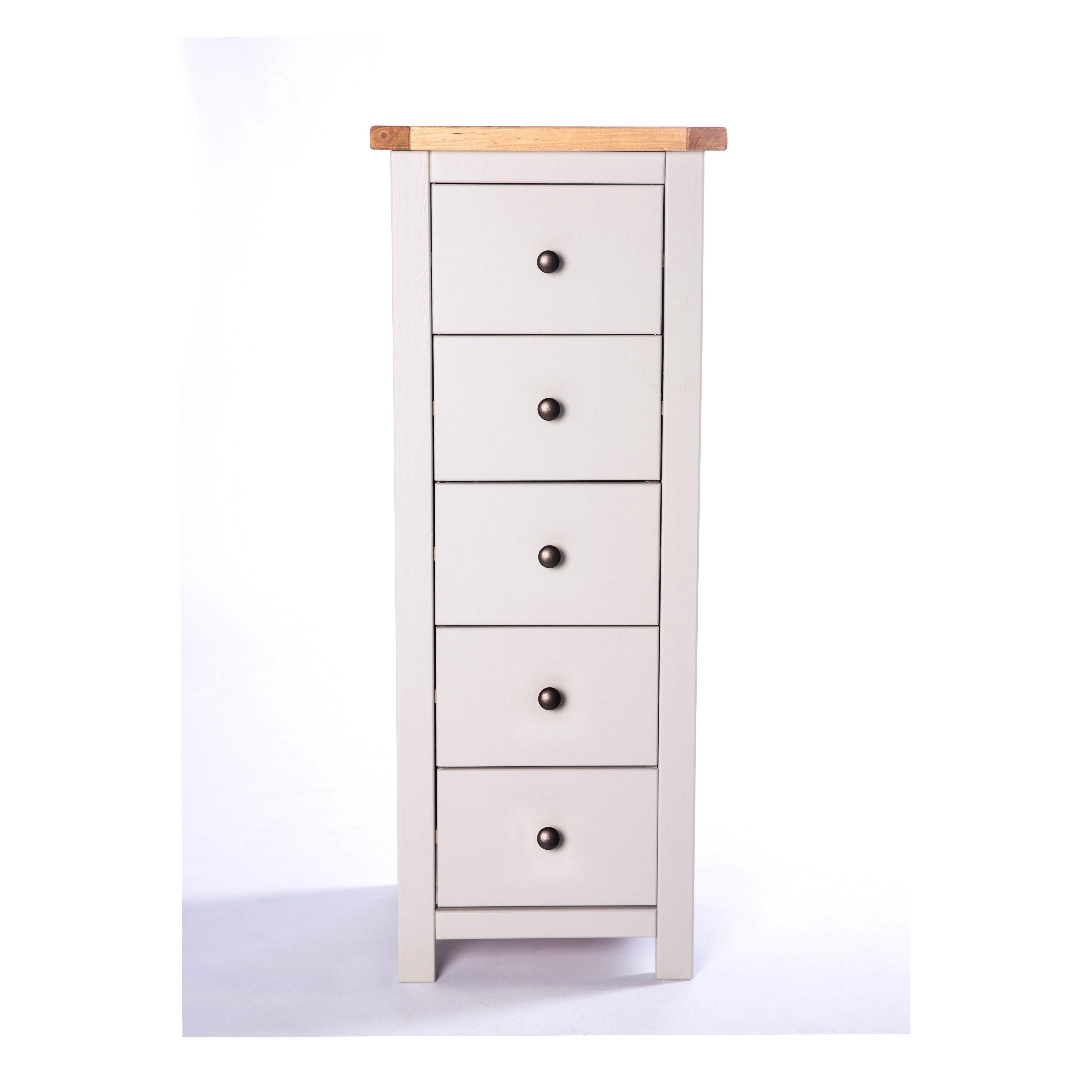 Cabinet Bits Argenta 5 Drawer Narrow Chest of Drawers Brass Knob in Light Grey
