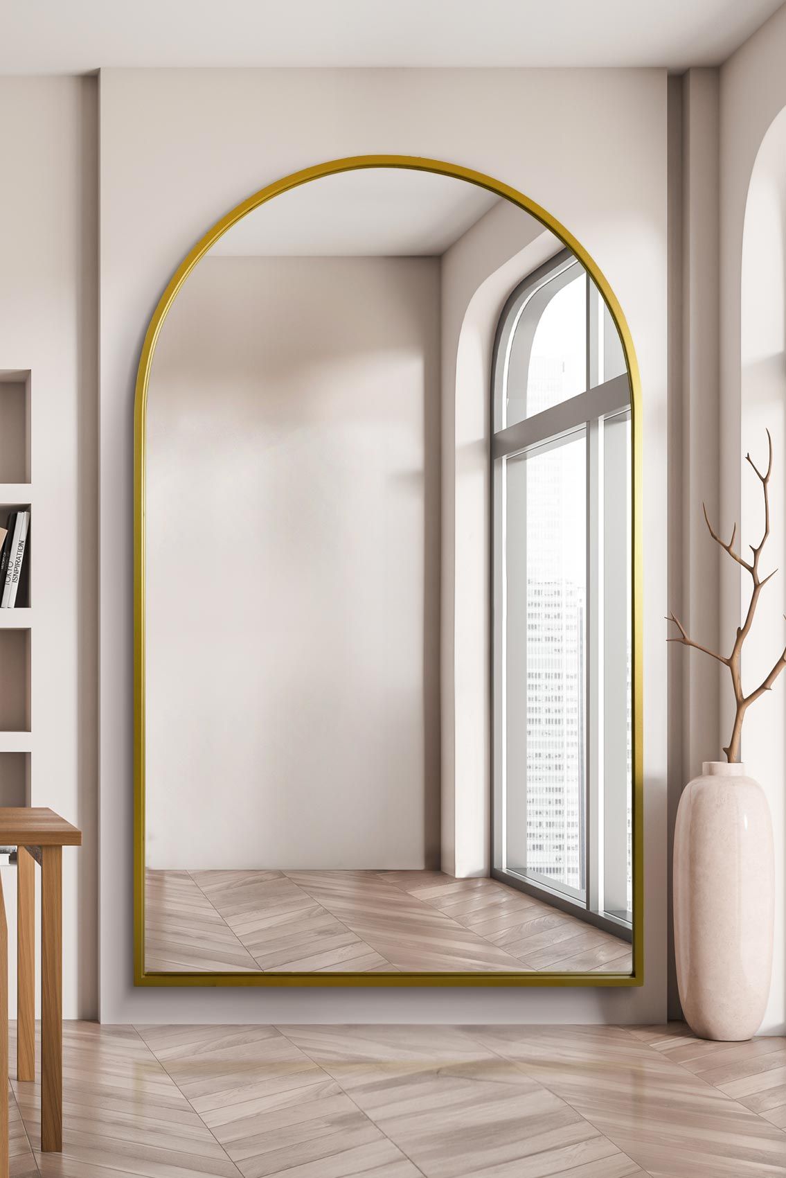 MirrorOutlet Gold Framed Arched Leaner/Wall Mirror 75" X 47" (190CM X 120CM)