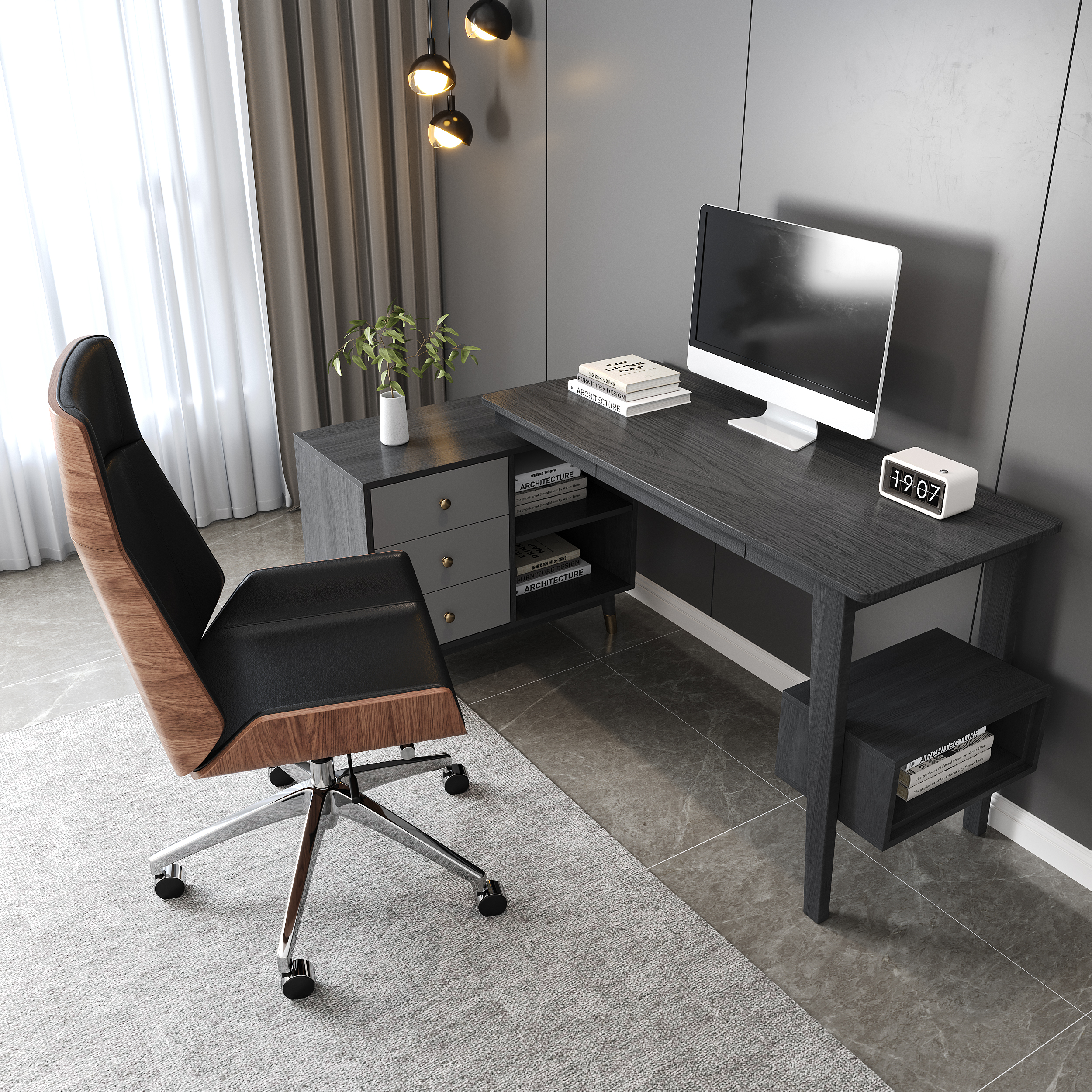 Ultic Gray Reversible L-Shaped Desk & Faux Leather Office Chair Set  with Wheels