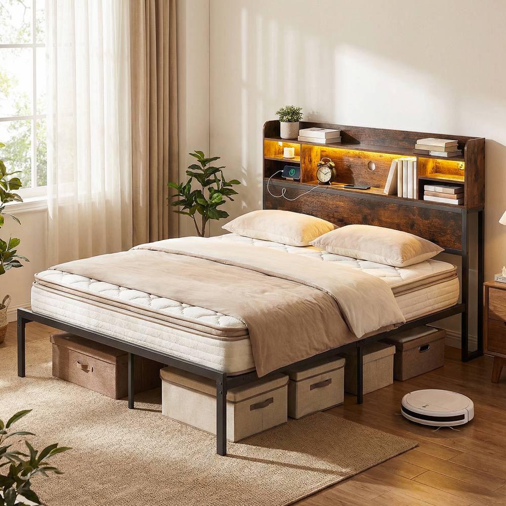 Costway King Size Bed Frame w/LED Lights&Charging Station Metal Platform Bed in Brown
