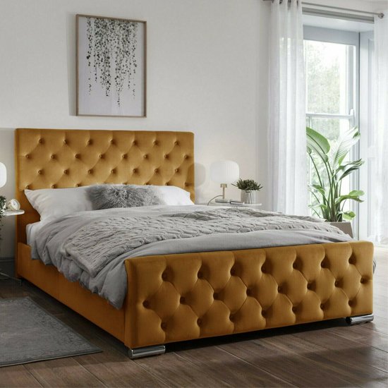 Tetbury Plush Velvet Upholstered Small Double Bed In Mustard