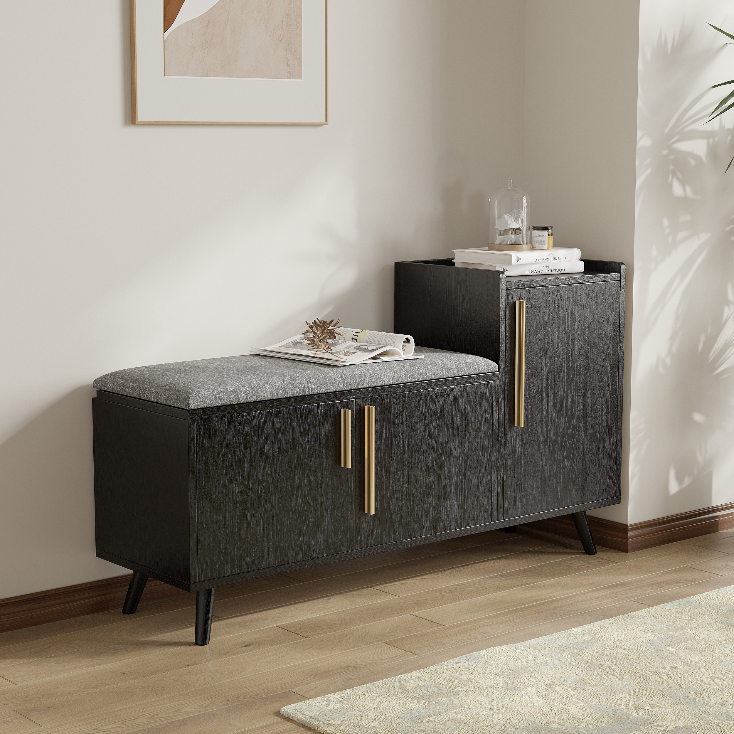 Shoe Storage Entryway Bench with Right-Side Cabinet Engineered Wood Shoe Rack in Black (120 cm)