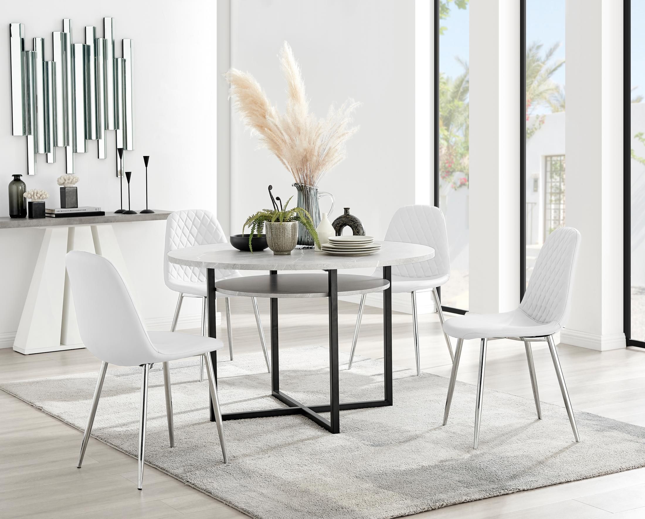 FurnitureboxUK Adley Grey Concrete Effect Round Dining Table & 4 Corona Silver Chairs in White